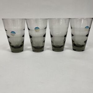 Vintage Libbey Ripple Smoke Gray Clear Glass Glasses Saturn Optic NWOT Lot of 4